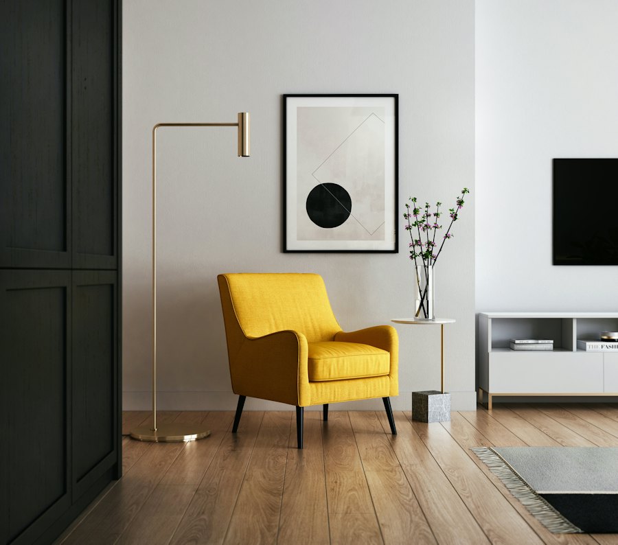 Black interior door beside a yellow armchair